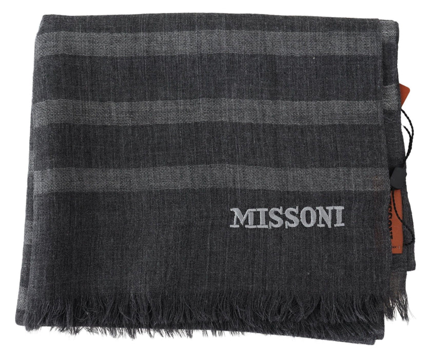 Missoni Gray Striped Wool Scarf Unisex Neck Wrap Fringe Scarf