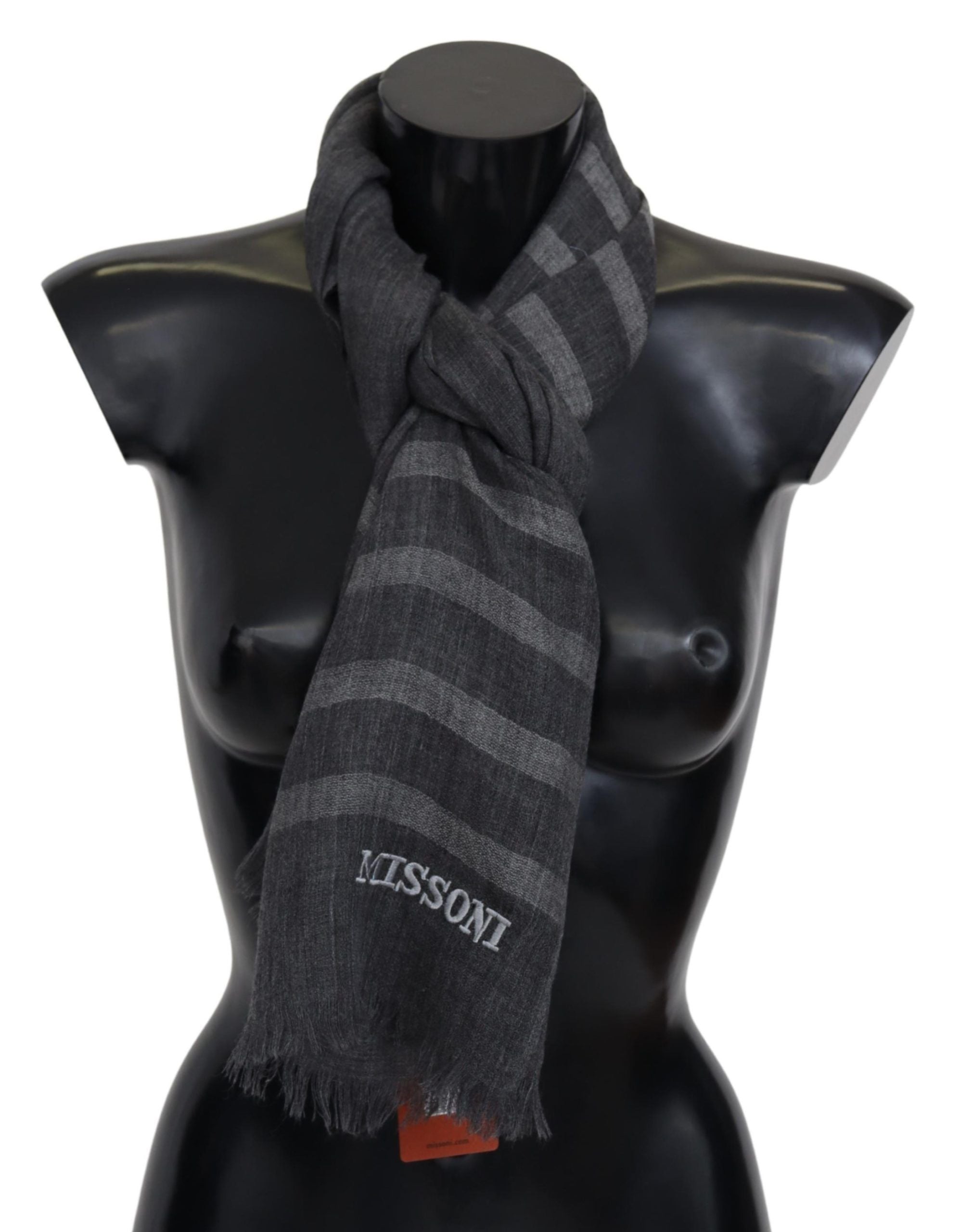 Missoni Gray Striped Wool Scarf Unisex Neck Wrap Fringe Scarf