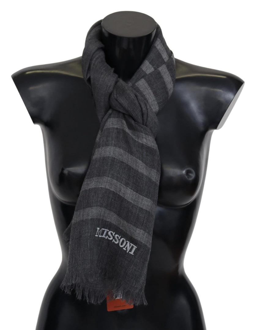Missoni Gray Striped Wool Scarf Unisex Neck Wrap Fringe Scarf
