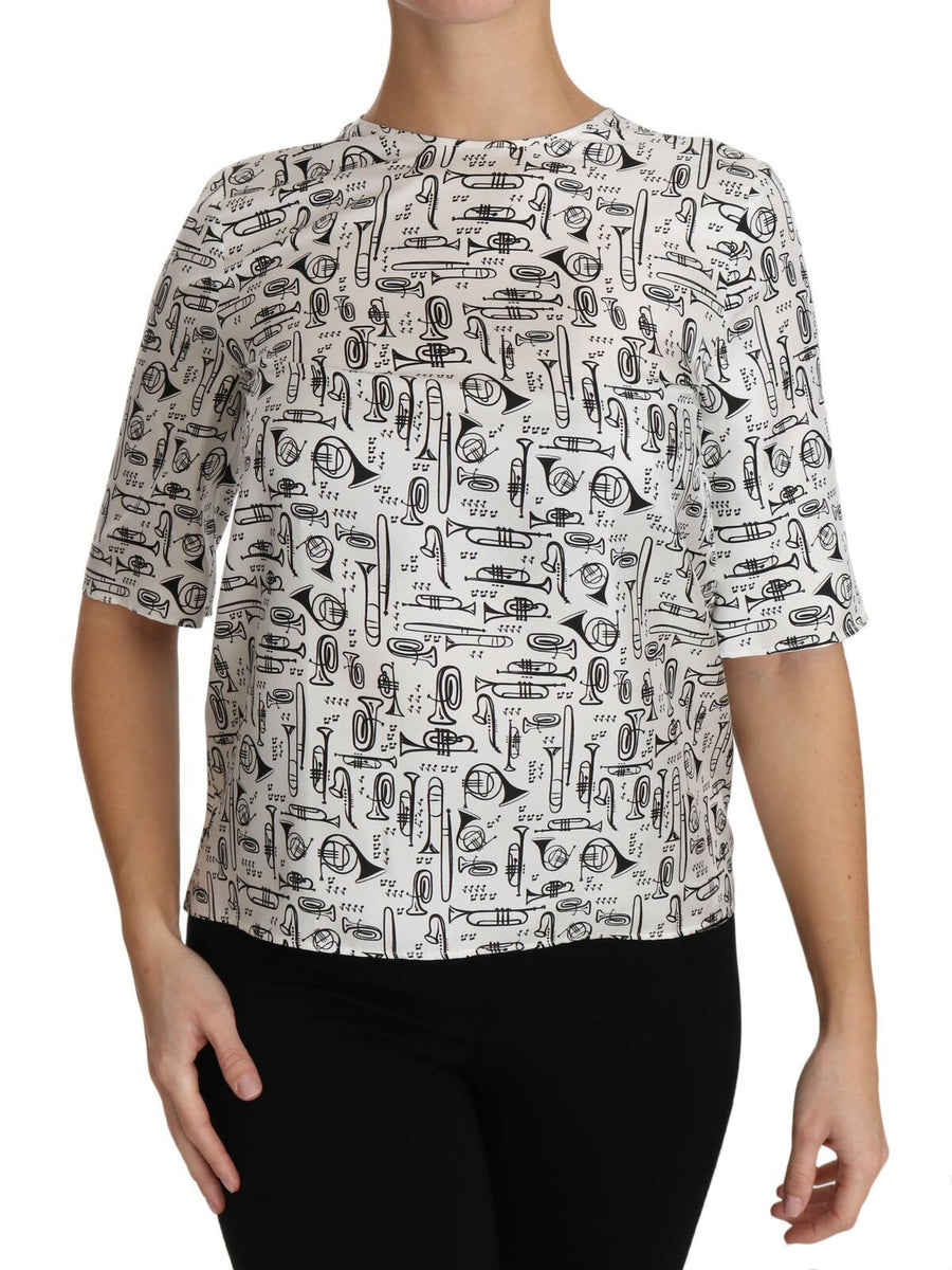 Dolce & Gabbana White Blouse with Musical Instrument Print