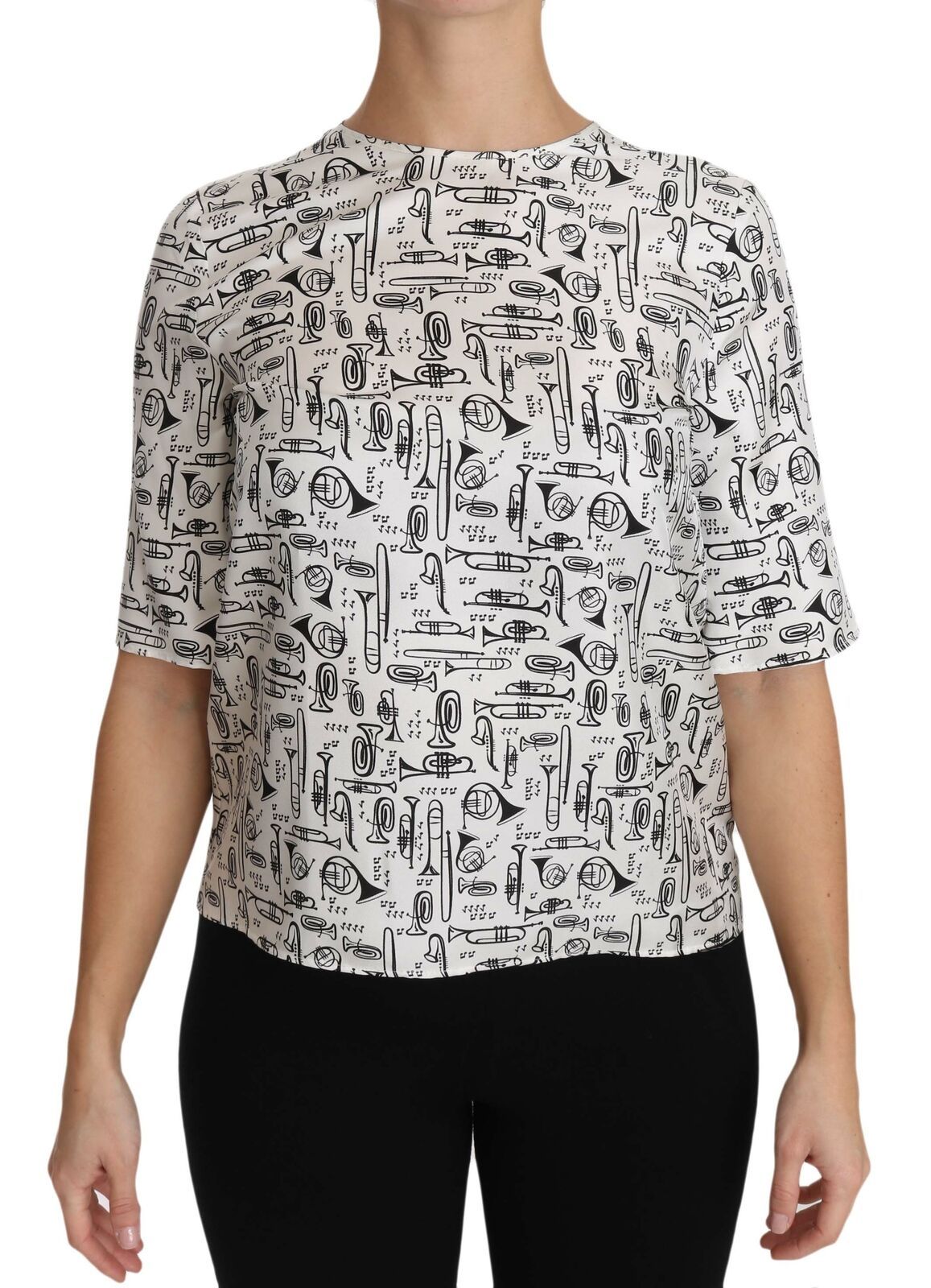 Dolce & Gabbana White Blouse with Musical Instrument Print