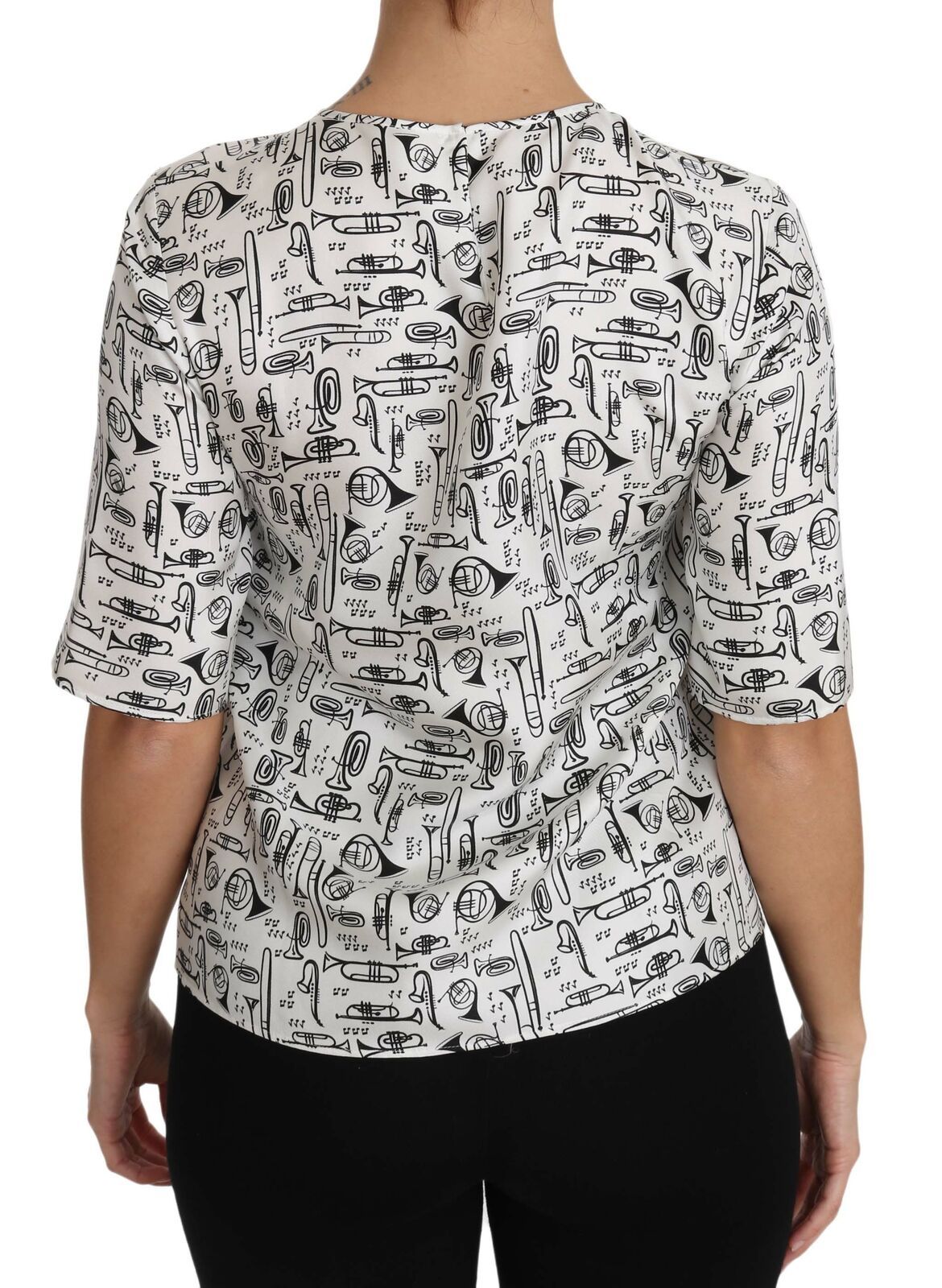 Dolce & Gabbana White Blouse with Musical Instrument Print