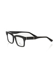 Schwarze Frankie Morello Herren-Brille aus Acetat mit geometrischem Muster und lebhaften Bügeln in Italien gefertigt