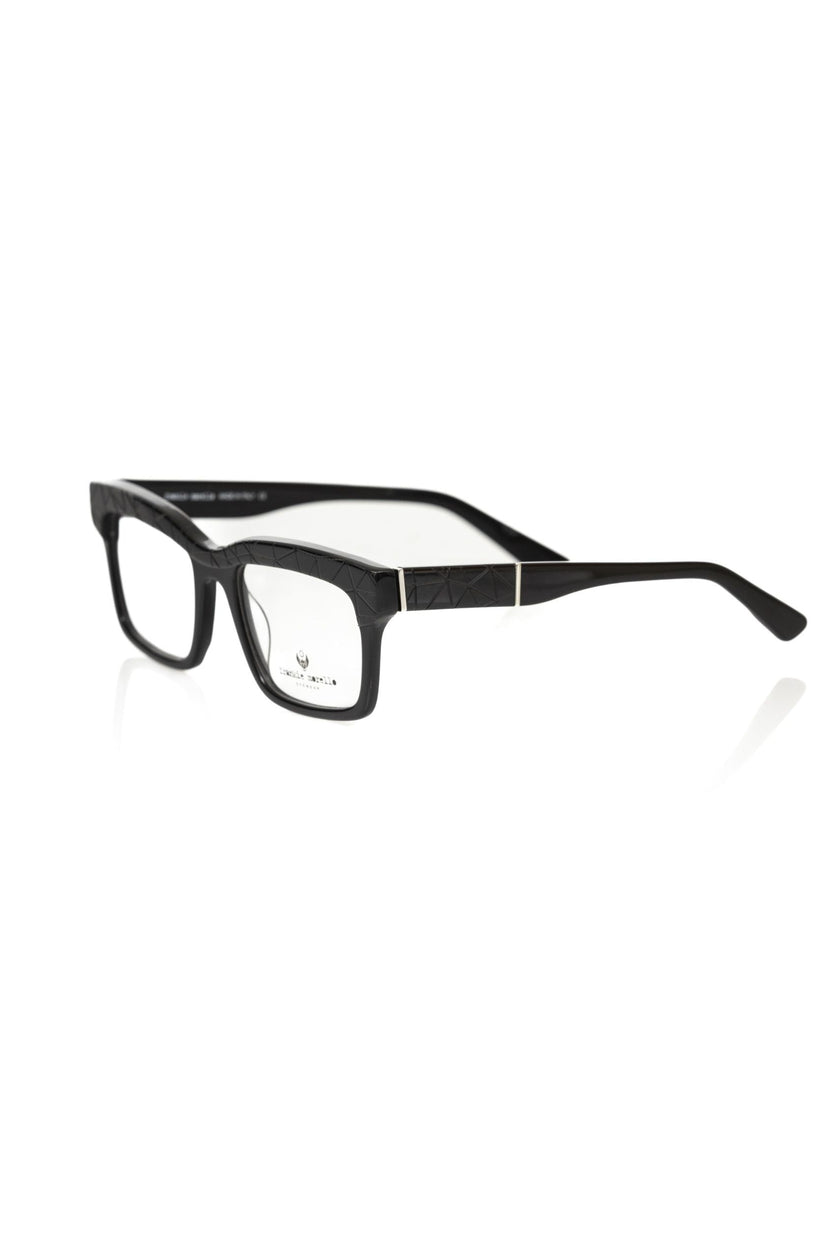 Schwarze Frankie Morello Herren-Brille aus Acetat mit geometrischem Muster und lebhaften Bügeln in Italien gefertigt
