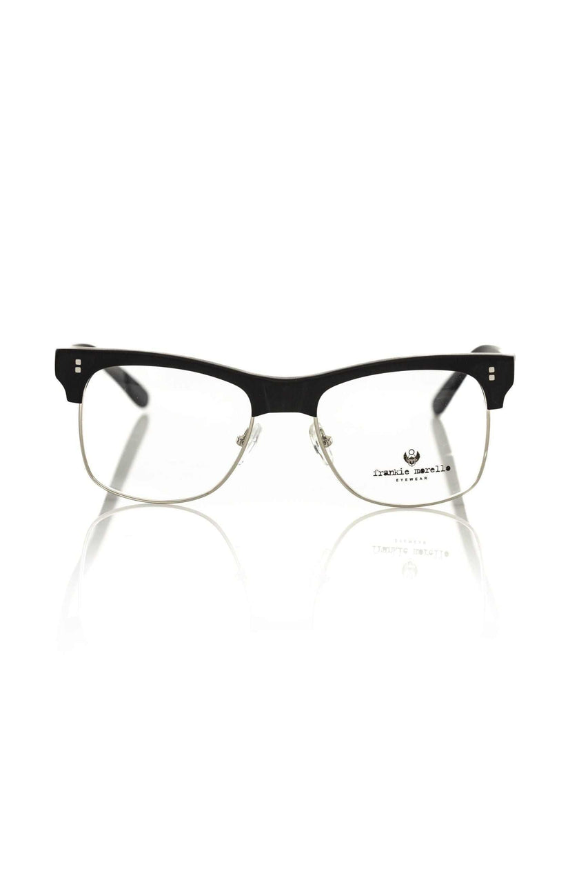 Frankie Morello schwarze Herren-Metallbrillenfassung mit elegantem Clubmaster-Design und Signaturlogo, italienische Fertigung
