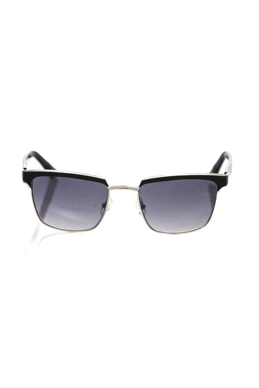 Frankie Morello Sonnenbrille aus schwarzer Metallfaser mit Clubmaster-Design und schwarzem Lederprofil