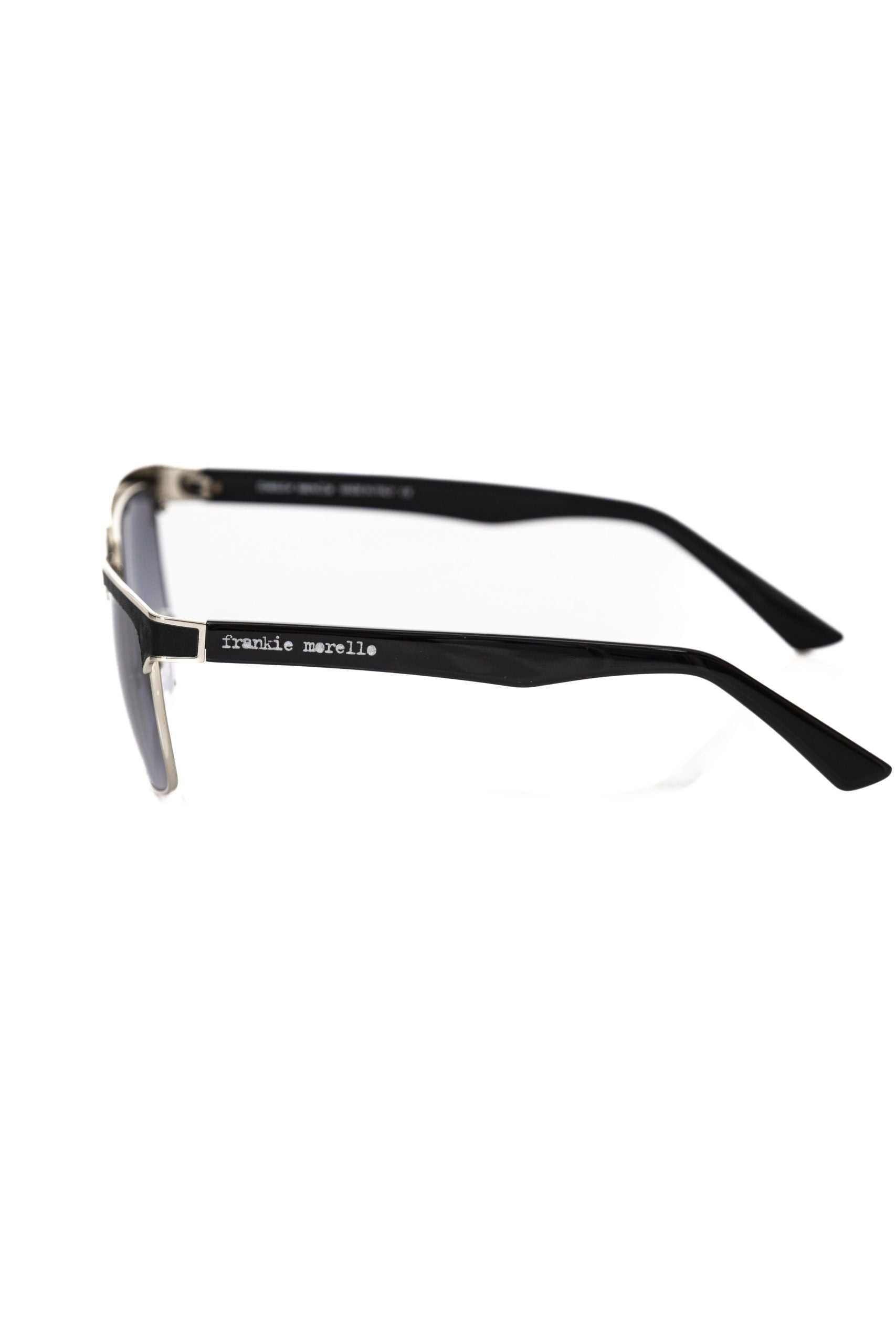 Frankie Morello Sonnenbrille für Herren aus schwarzer Metallic-Faser mit schwarzem Leder und schwarzen Gläsern in Clubmaster-Stil
