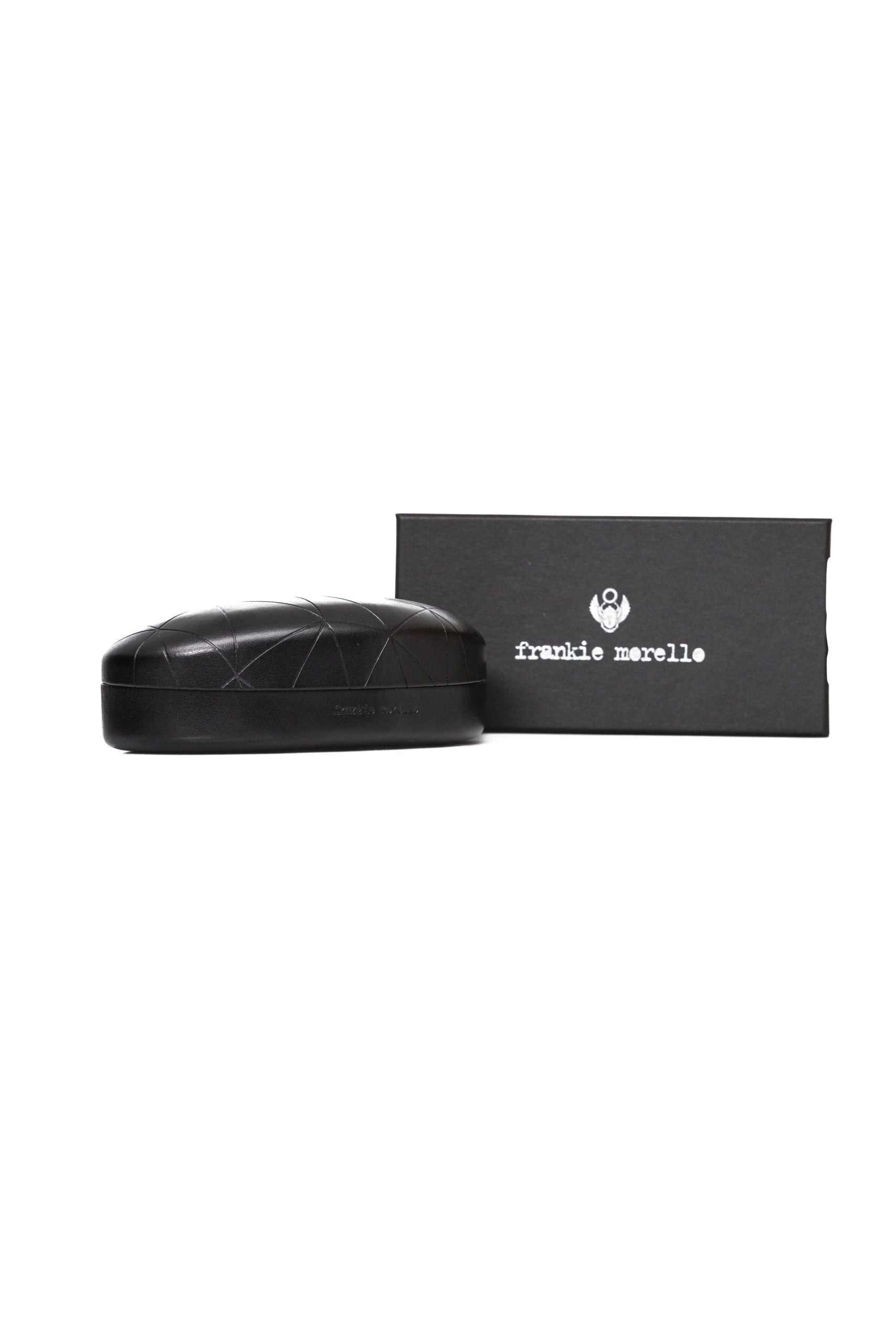 Frankie Morello braune Metall-Sonnenbrille für Herren mit blauen Gläsern und Leder-Oberteil
