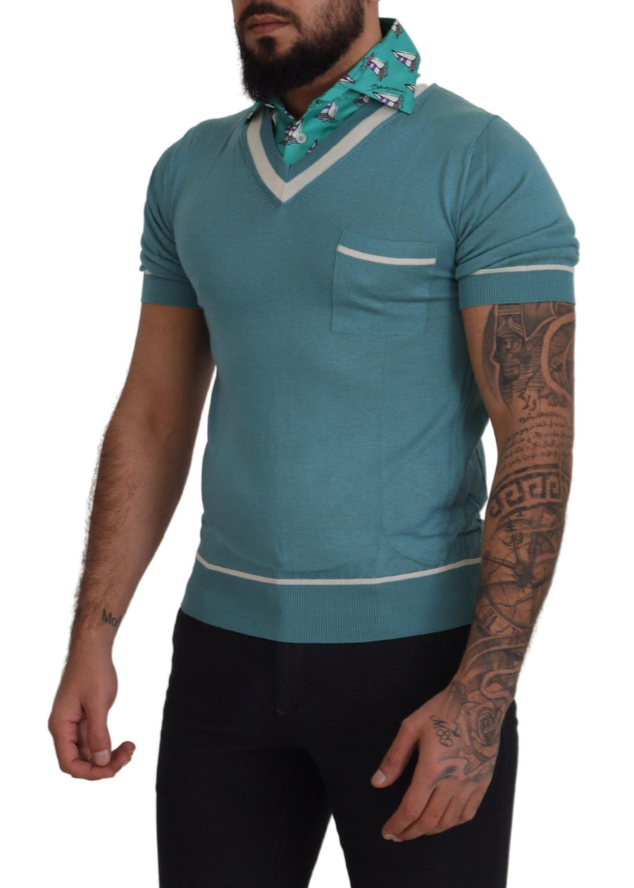 Dolce & Gabbana Blue Silk Polo Top Men's V-Neck T-Shirt