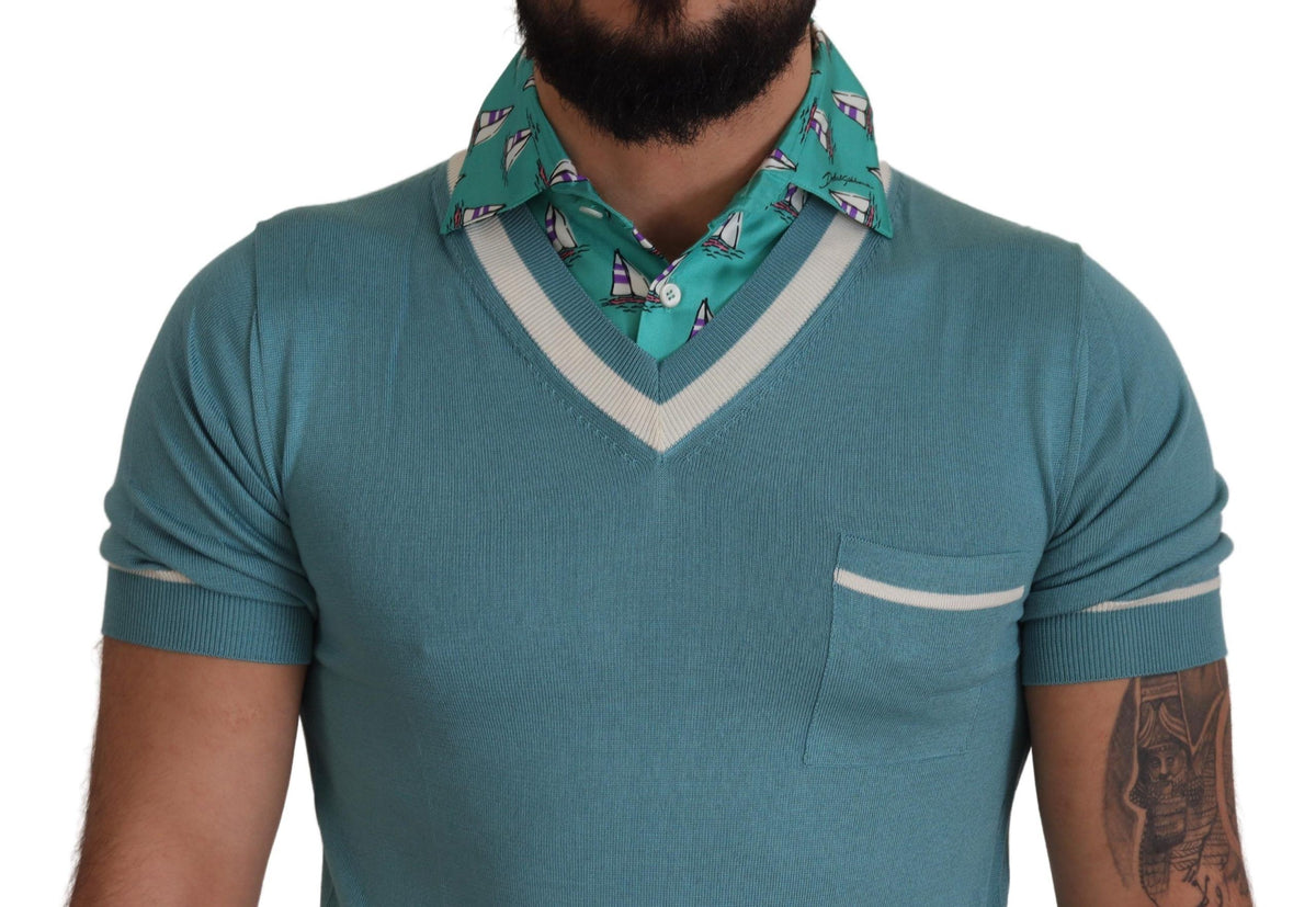 Dolce & Gabbana Blue Silk Polo Top Men's V-Neck T-Shirt