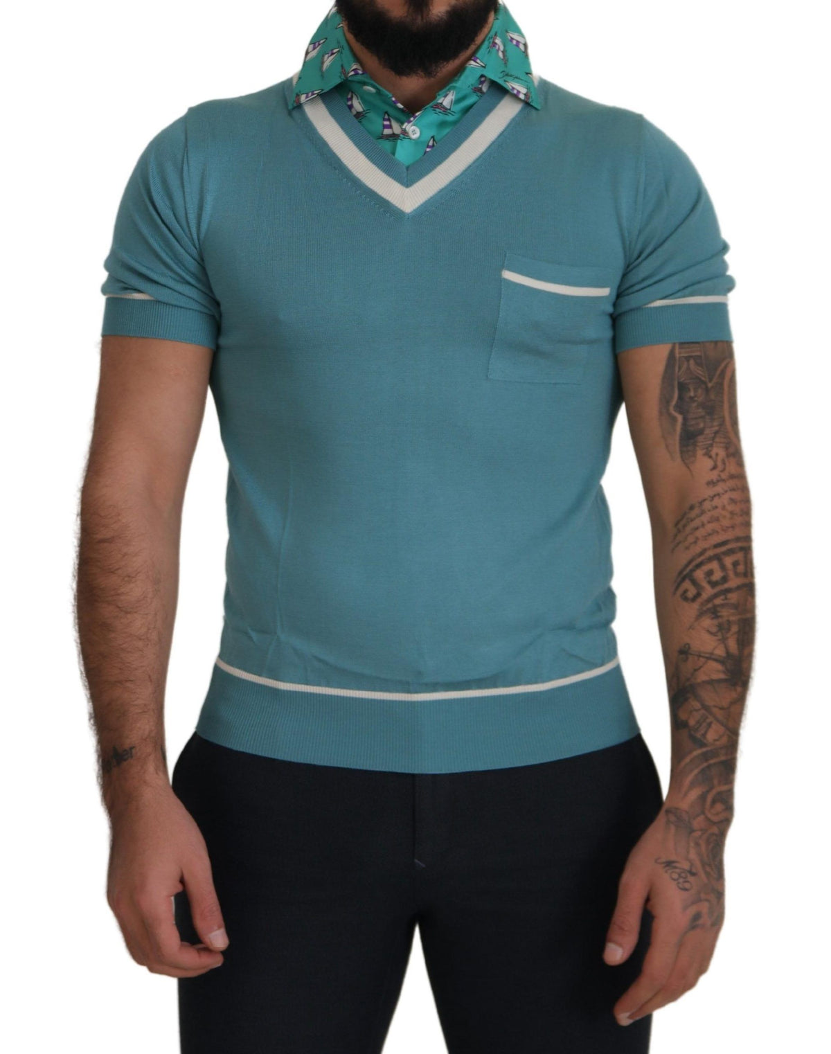 Dolce & Gabbana Blue Silk Polo Top Men's V-Neck T-Shirt