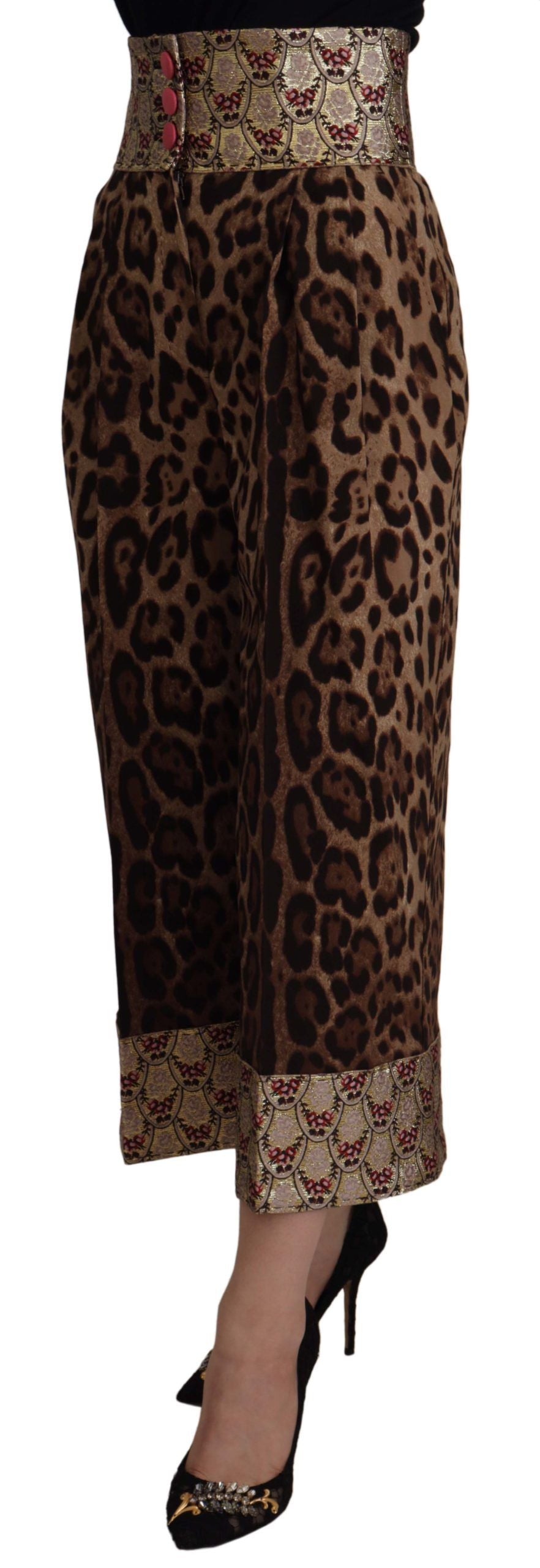 Dolce & Gabbana Brown Leopard Gold Jacquard High Waist Trousers