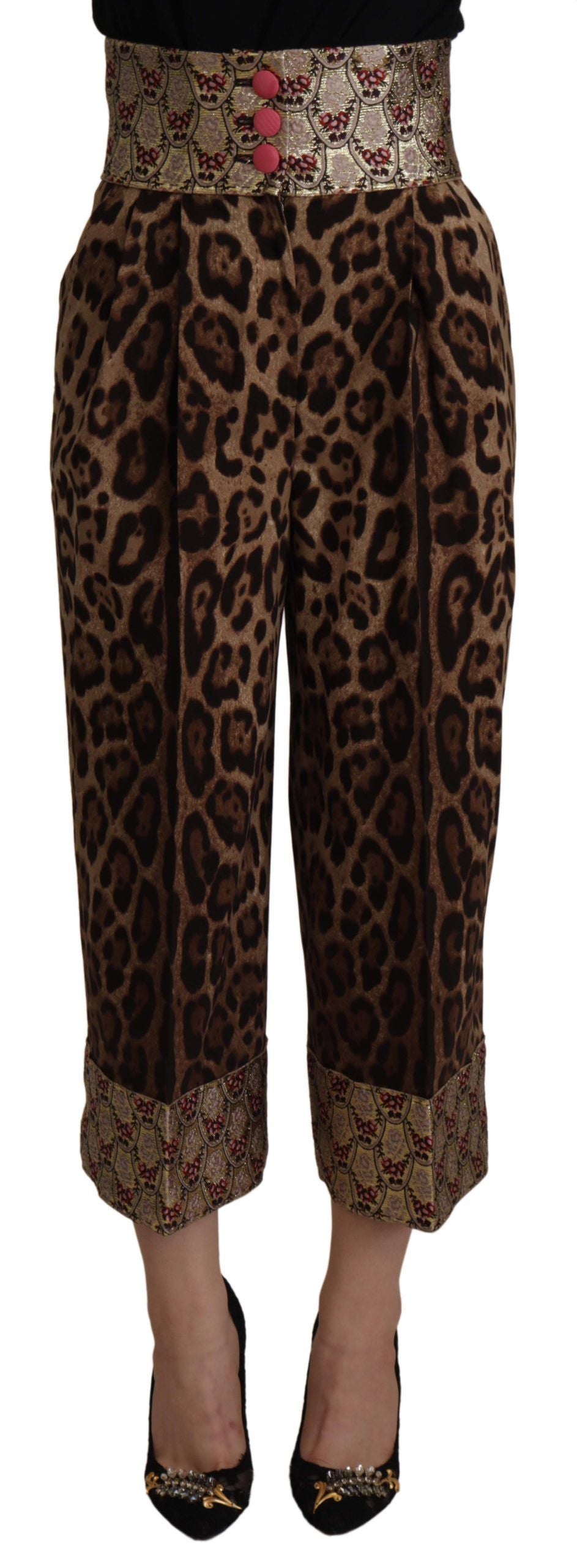 Dolce & Gabbana Brown Leopard Gold Jacquard High Waist Trousers