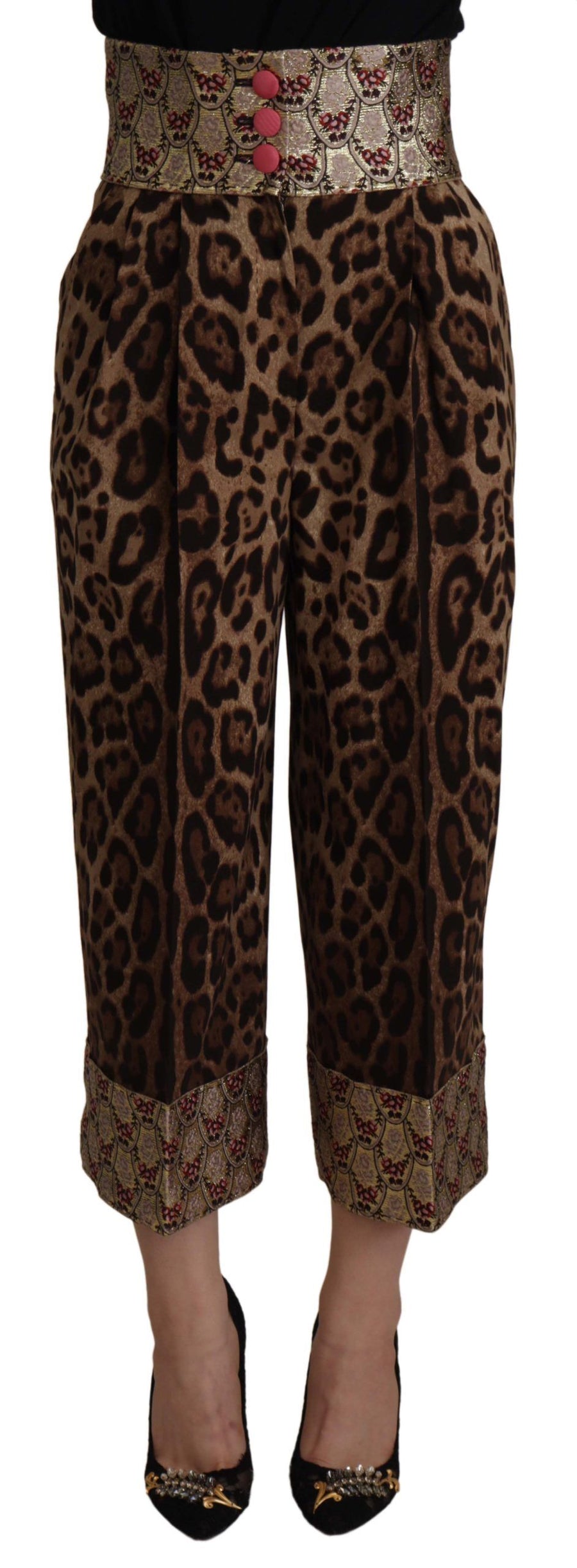 Dolce & Gabbana Brown Leopard Gold Jacquard High Waist Trousers