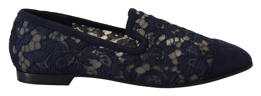 Dolce & Gabbana Blue Floral Lace Slip-On Loafers Flats Shoes