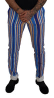 Dolce & Gabbana Blau gestreifte Seiden-Baumwoll-Schlank-Hose Hose