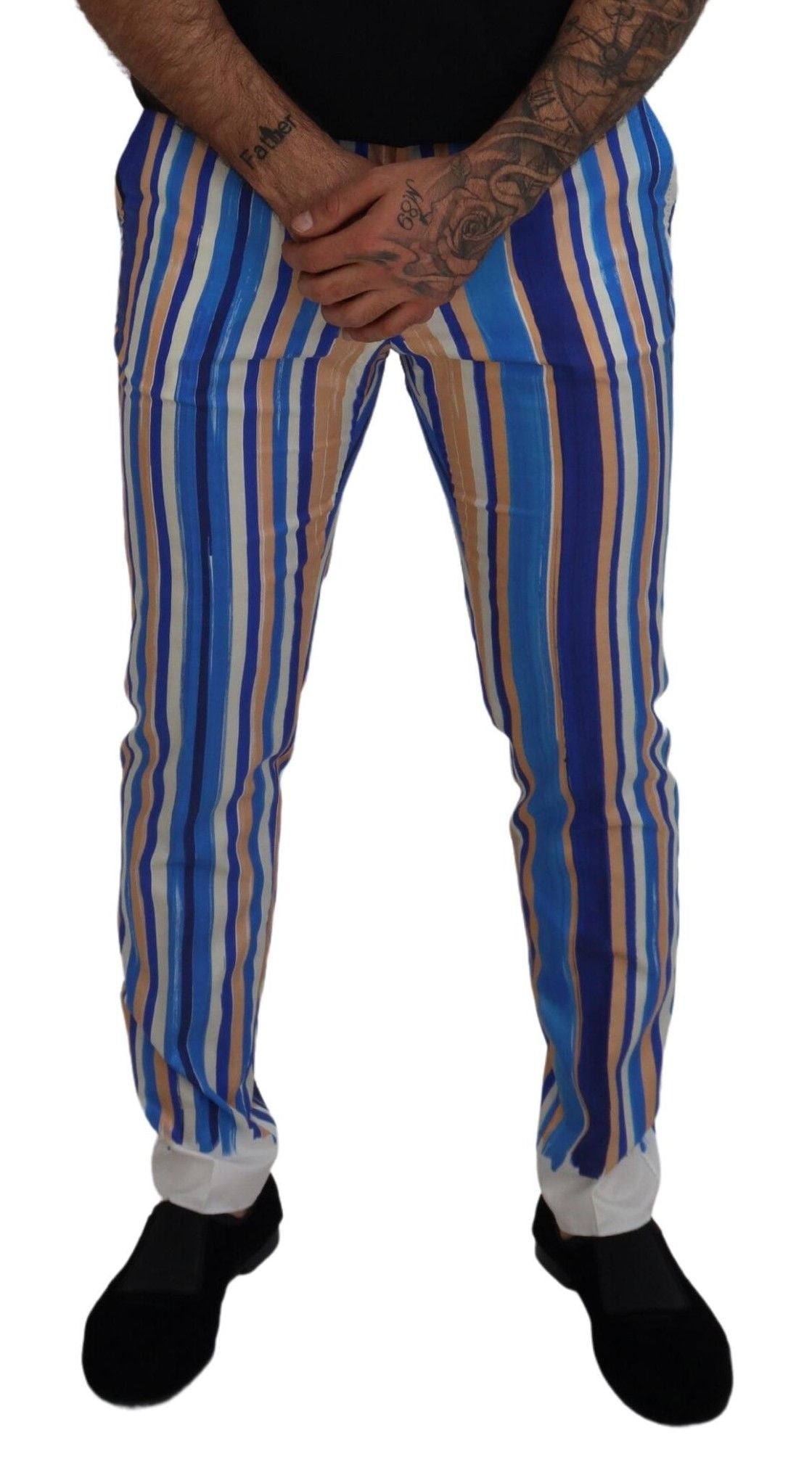 Dolce & Gabbana Blue Striped Silk-Cotton Slim Trousers
