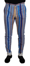 Dolce & Gabbana Blau gestreifte Seiden-Baumwoll-Schlank-Hose Hose