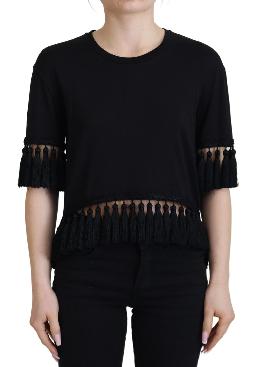 Dolce & Gabbana Black T-Shirt Blouse Tassel Cotton Blouse