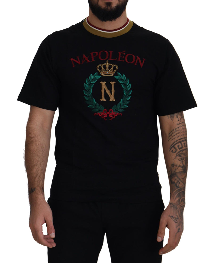 Dolce & Gabbana Schwarzes T-Shirt mit besticktem Rundhalsausschnitt aus Baumwolle
