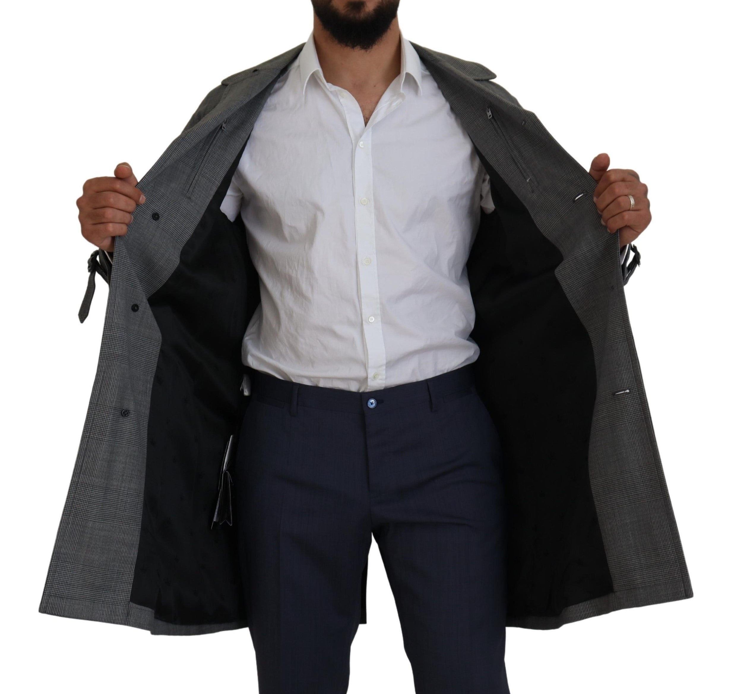 Dolce & Gabbana Grauer Wollmantel kariert langer Trenchcoat Jacke