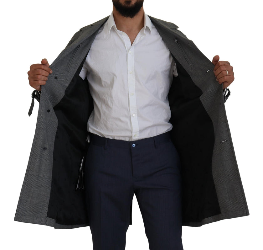 Dolce & Gabbana Grauer Wollmantel kariert langer Trenchcoat Jacke