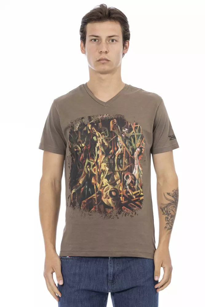 Trussardi Action Herren braunes Baumwoll-T-Shirt mit V-Ausschnitt