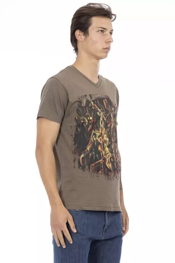 Trussardi Action Herren braunes Baumwoll-T-Shirt mit V-Ausschnitt
