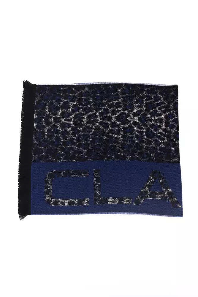 Cavalli Class blaues Animalier-Muster Nylonschal aus Wolle mit Marabufedern, italienische Handwerkskunst