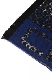 Cavalli Class luxury blue animalier wool scarf with marabou feathers, 180x36 cm, Italian craftsmanship