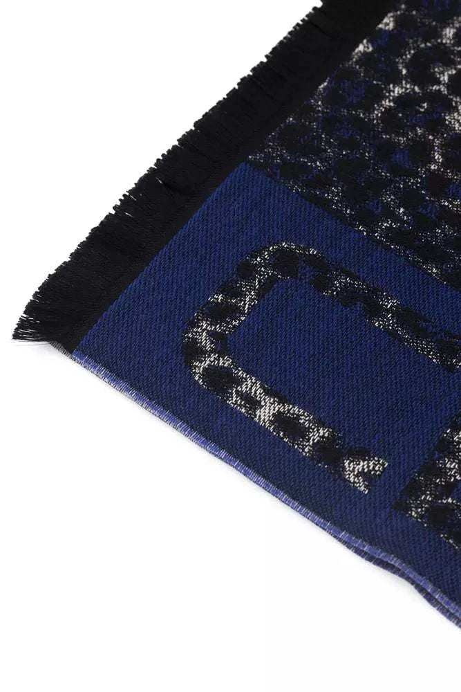Cavalli Class luxury blue animalier wool scarf with marabou feathers, 180x36 cm, Italian craftsmanship