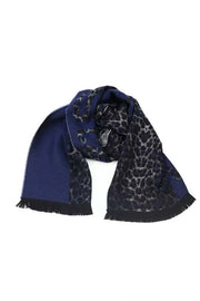 Luxurious blue Cavalli Class Blauer Nylonschal with animalier pattern and marabou feathers, Italian wool scarf