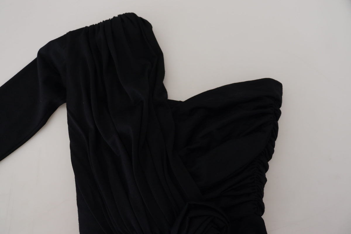 Dolce & Gabbana Schwarzes Wickelmantelkleid mit einer Schulter aus Wolle