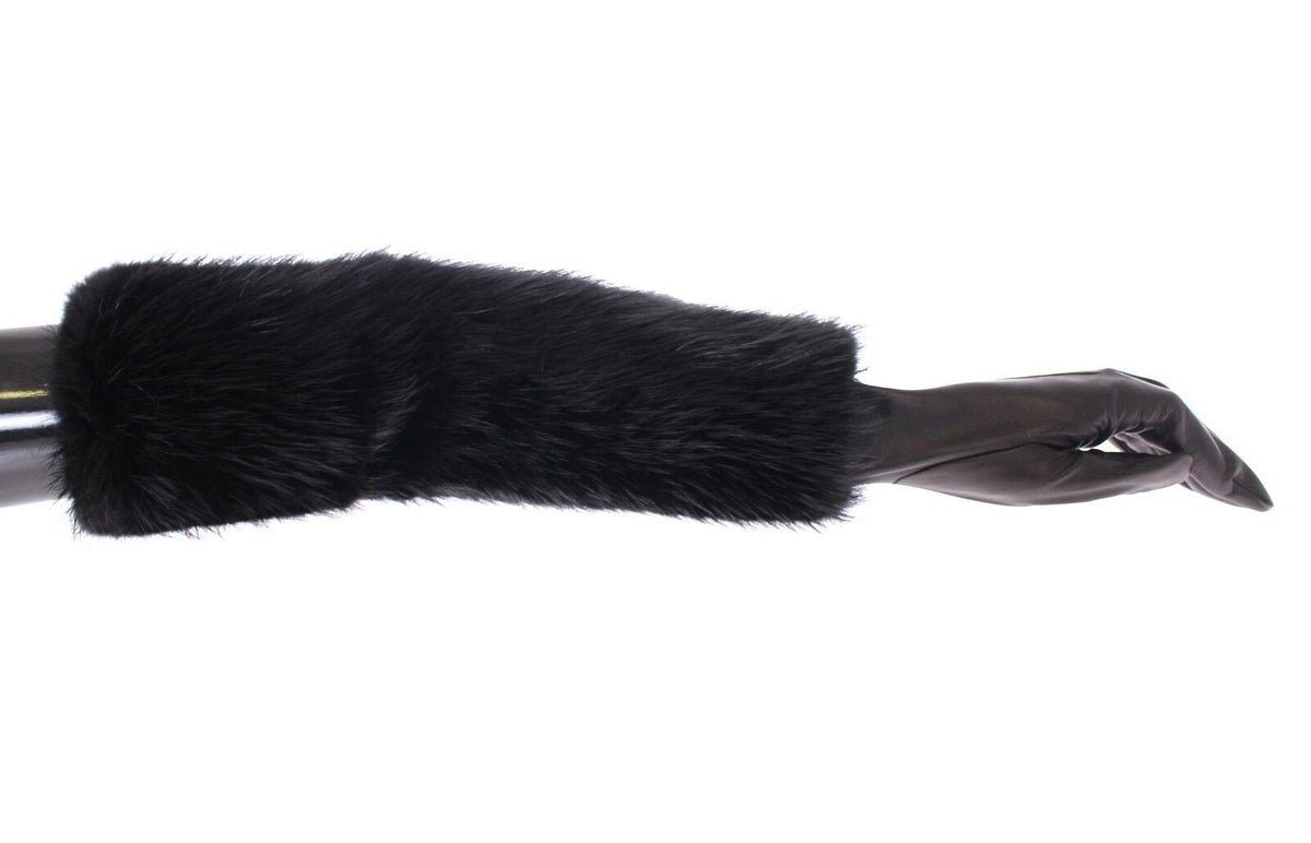 Dolce & Gabbana Schwarze Biberpelz-Lammfell-Leder-Ellbogenhandschuhe