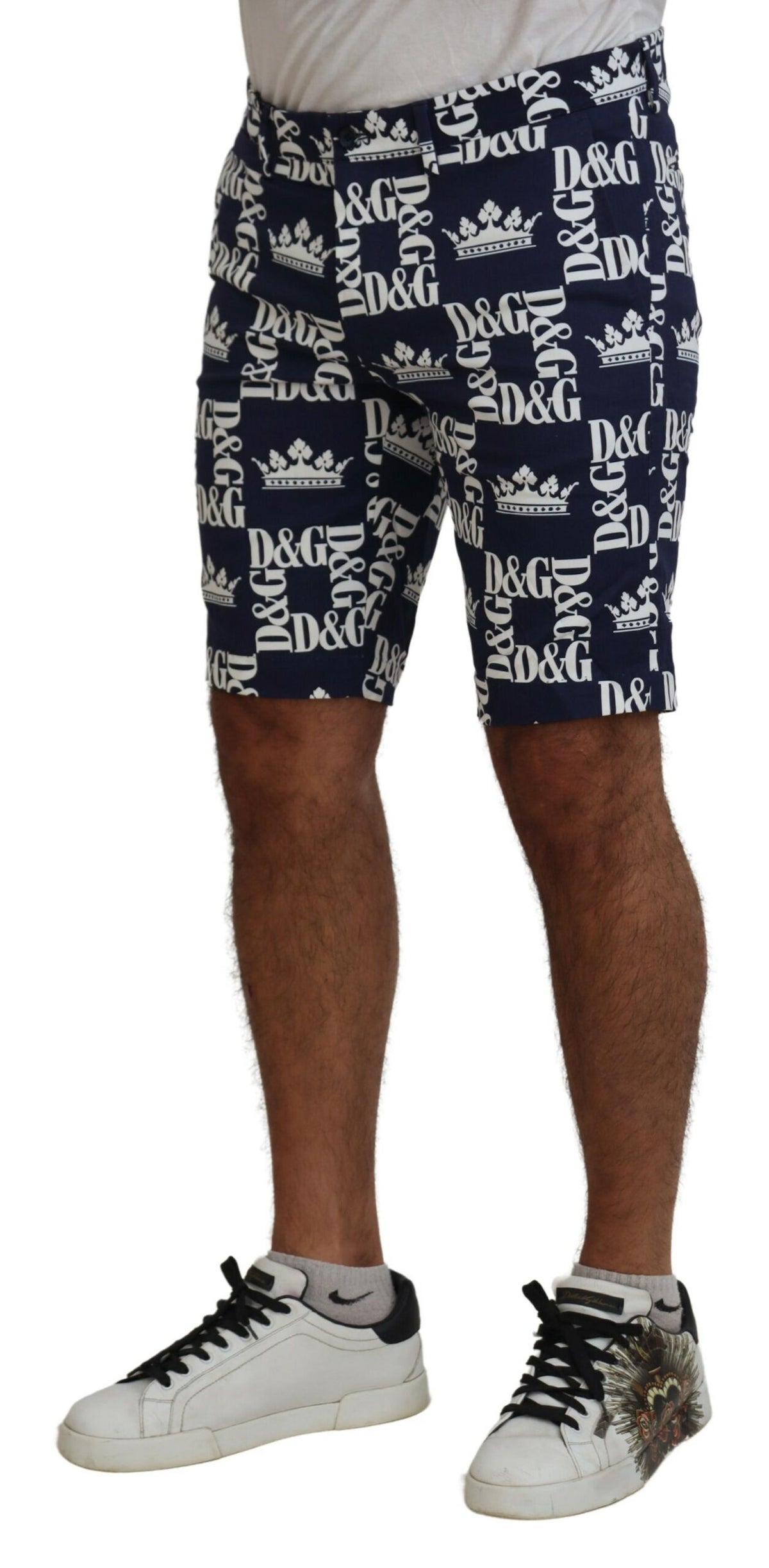 Dolce & Gabbana Blue Cotton Chinos with Logo Print Shorts