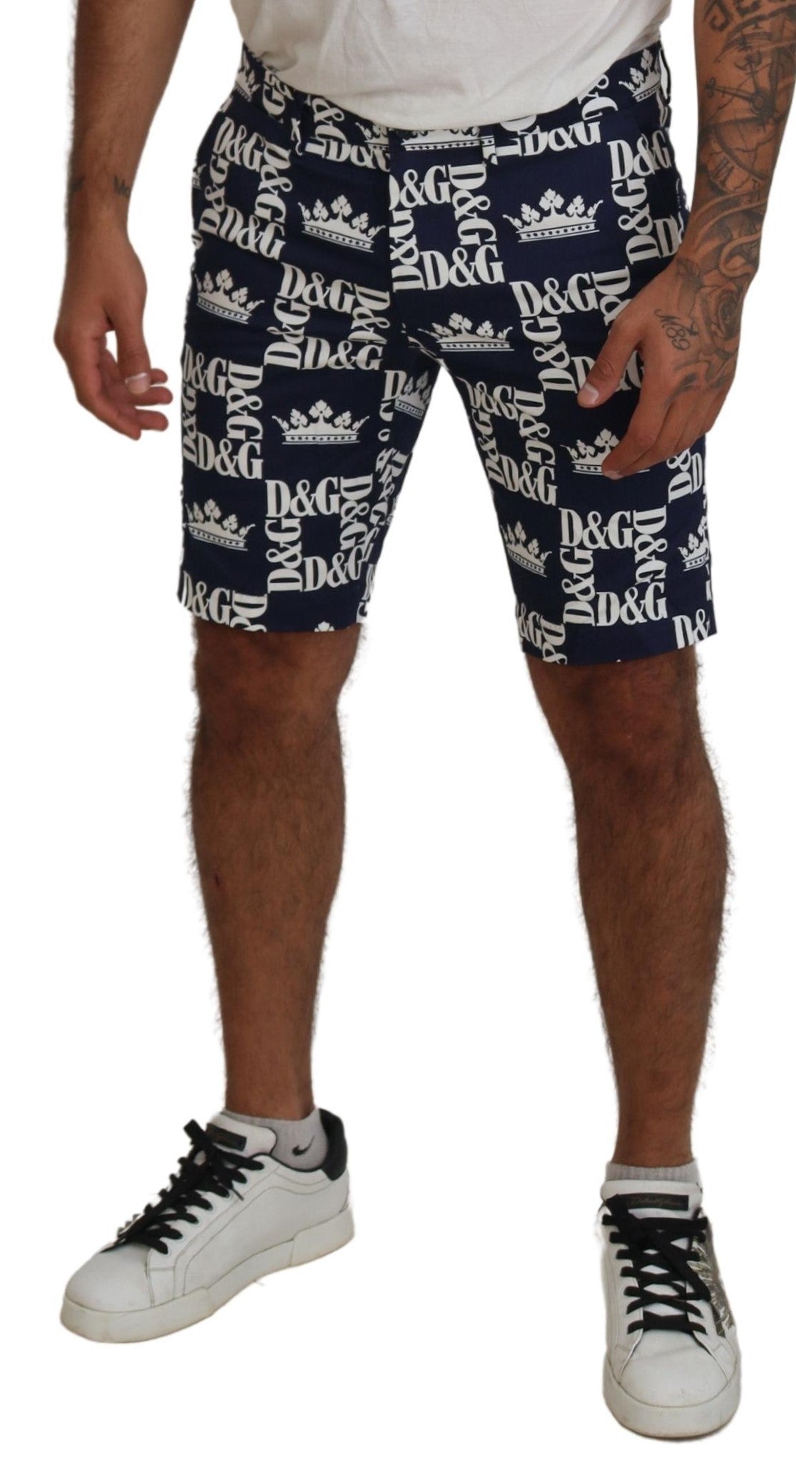 Dolce & Gabbana Blue Cotton Chinos with Logo Print Shorts