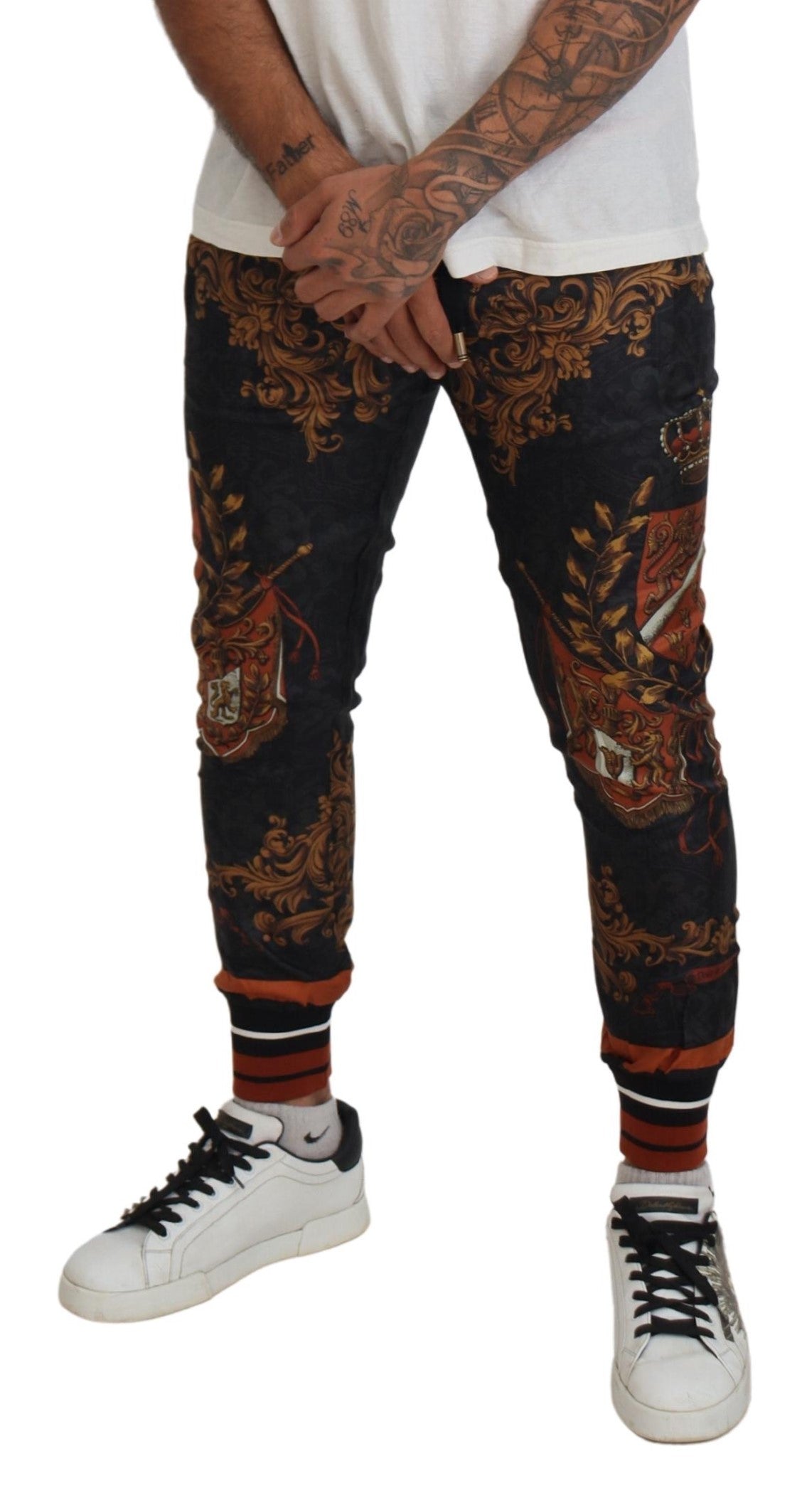 Dolce & Gabbana Grey Silk Baroque Crown Sweatpants