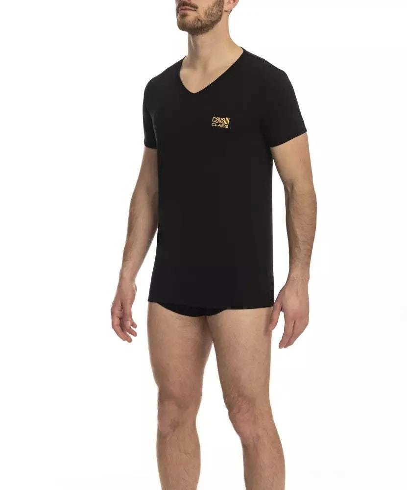 Cavalli Class Men's Black V-Neck Cotton T-Shirt