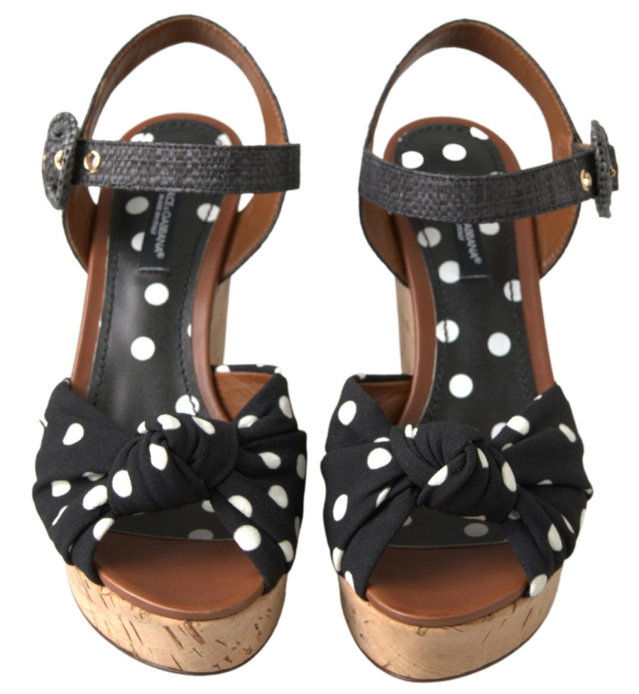 Dolce & Gabbana Black Wedges Polka Dot Ankle Strap Shoes Sandals
