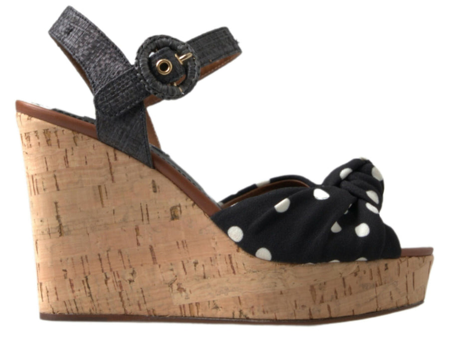Dolce & Gabbana Black Wedges Polka Dot Ankle Strap Shoes Sandals