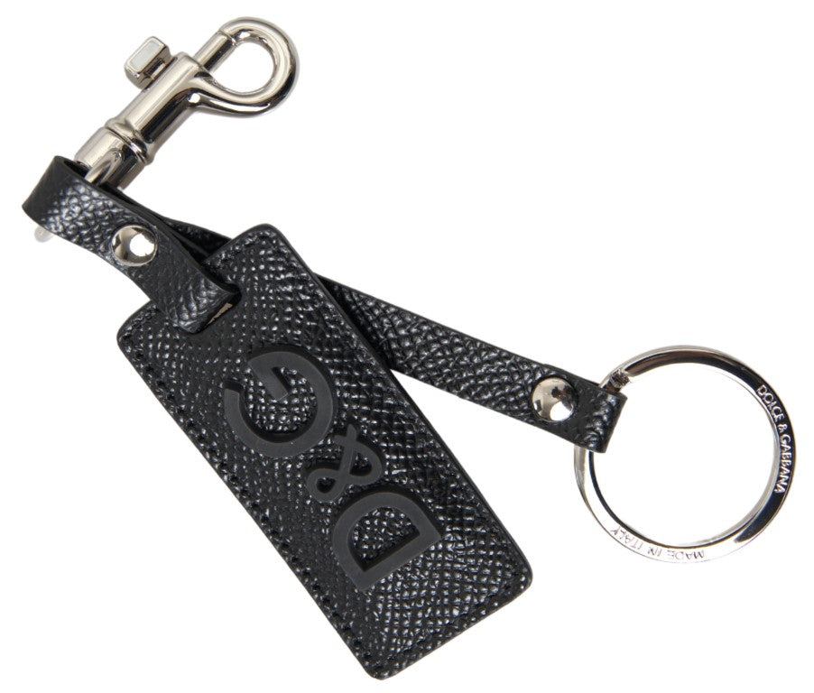 Dolce & Gabbana Schwarzes DG Logo Leder Silber Metall Schlüsselanhänger