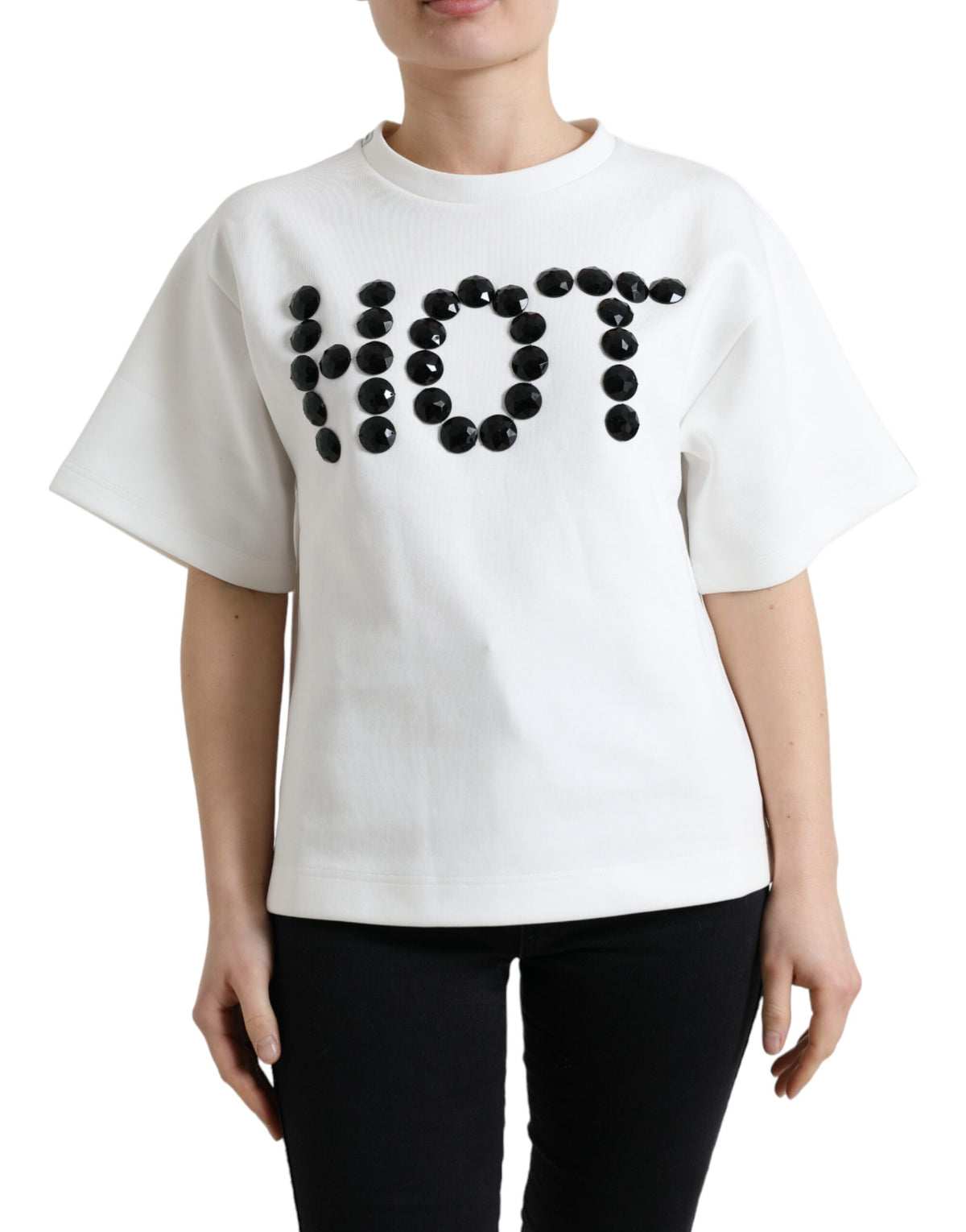 Dolce & Gabbana T-shirt Weiß Baumwolle Stretch Schwarz HOT Crystal