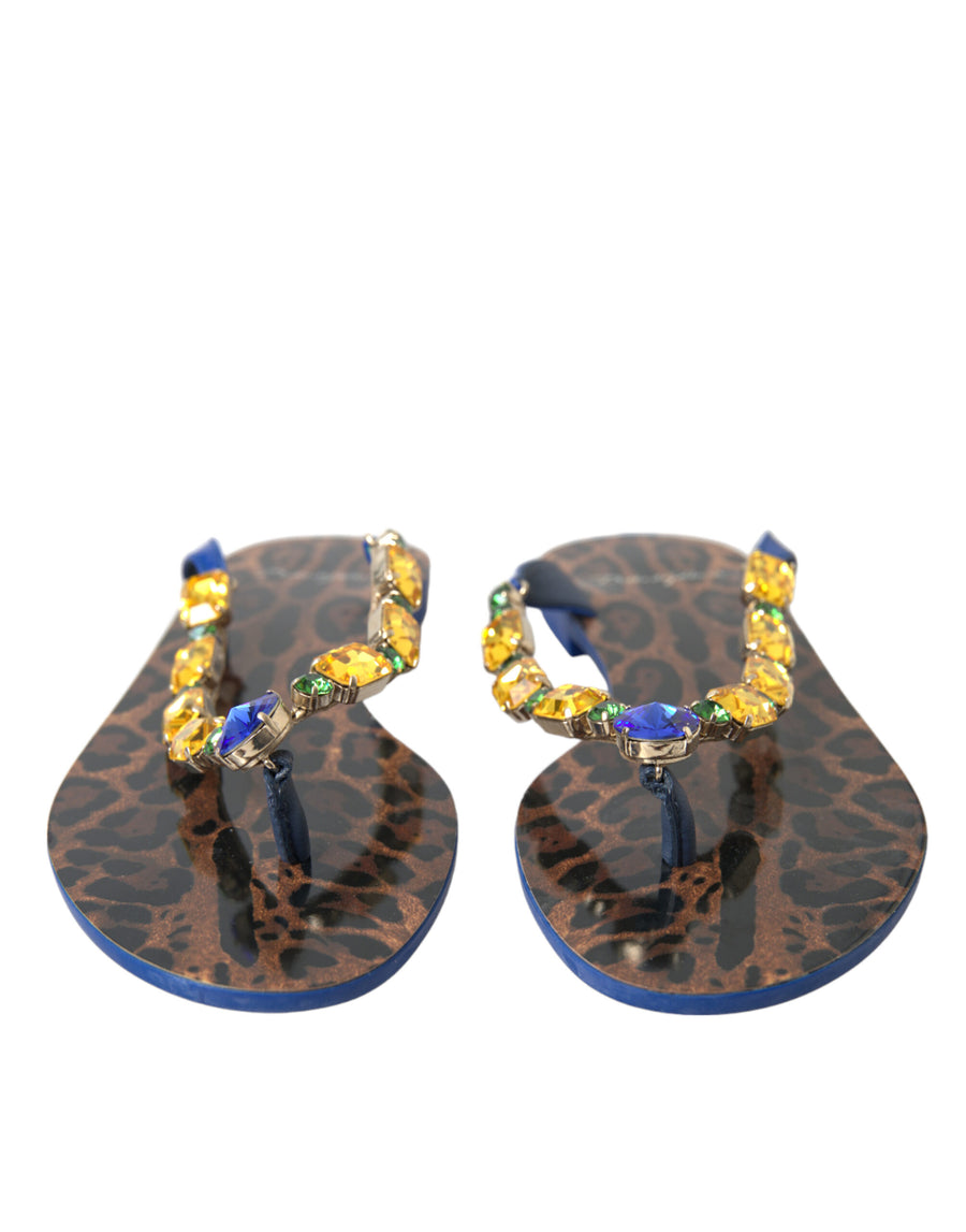 Dolce & Gabbana Blue Crystal Flat Sandals Beachwear Shoes