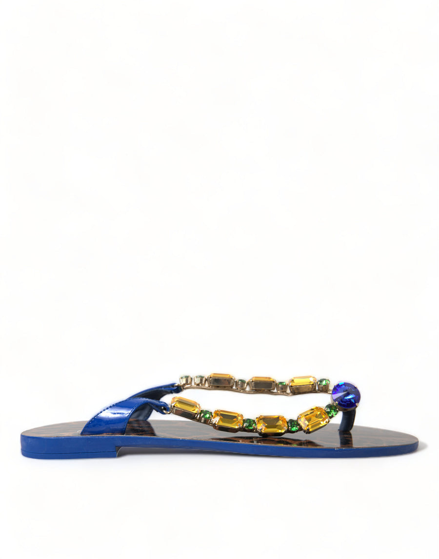 Dolce & Gabbana Blue Crystal Flat Sandals Beachwear Shoes