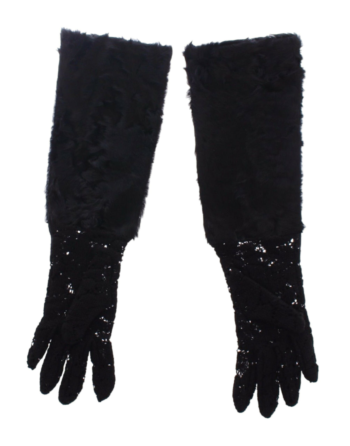 Dolce & Gabbana Schwarze Spitze Wolle Lammfell Pelz Ellenbogenhandschuhe