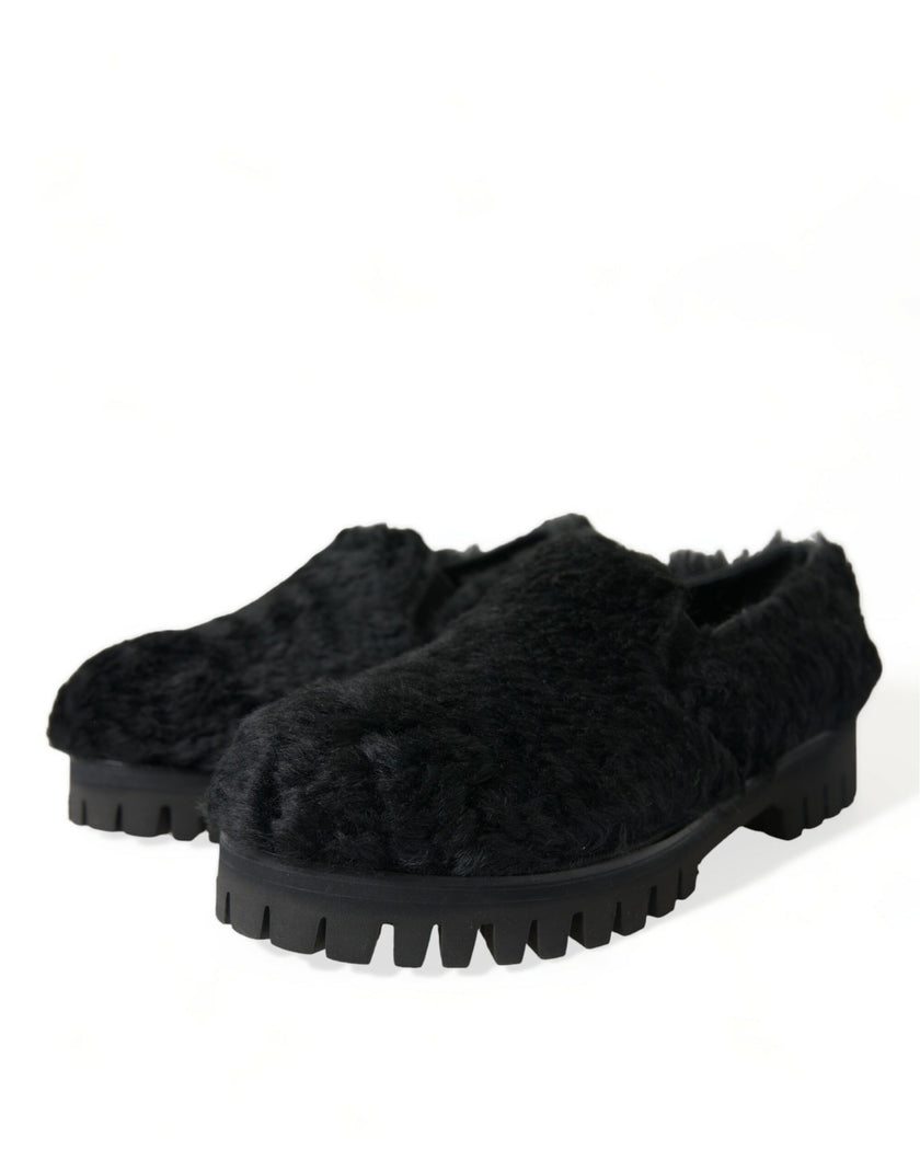 Dolce & Gabbana Schwarze Pelz-Leder-Slipper als Abendschuhe