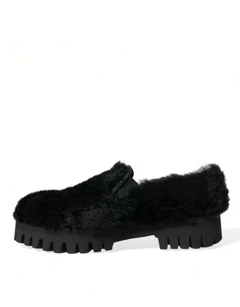 Dolce & Gabbana Schwarze Pelz-Leder-Slipper als Abendschuhe