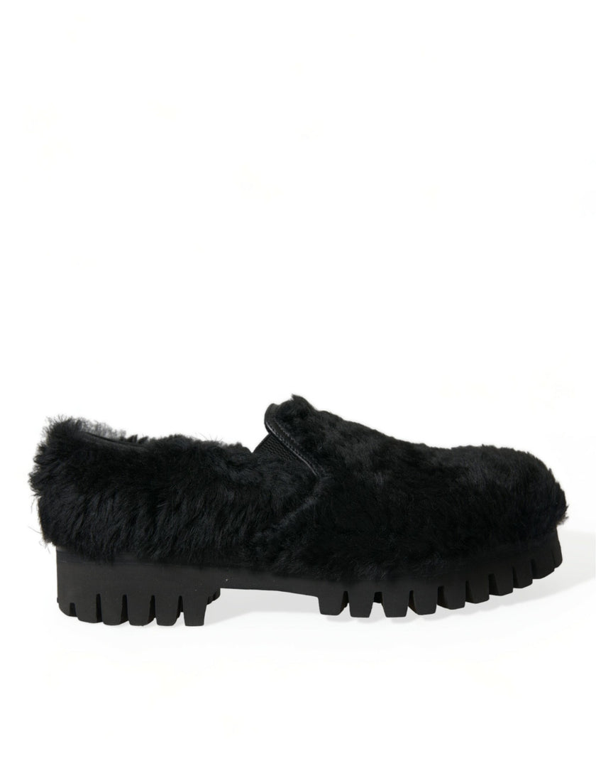 Dolce & Gabbana Schwarze Pelz-Leder-Slipper als Abendschuhe