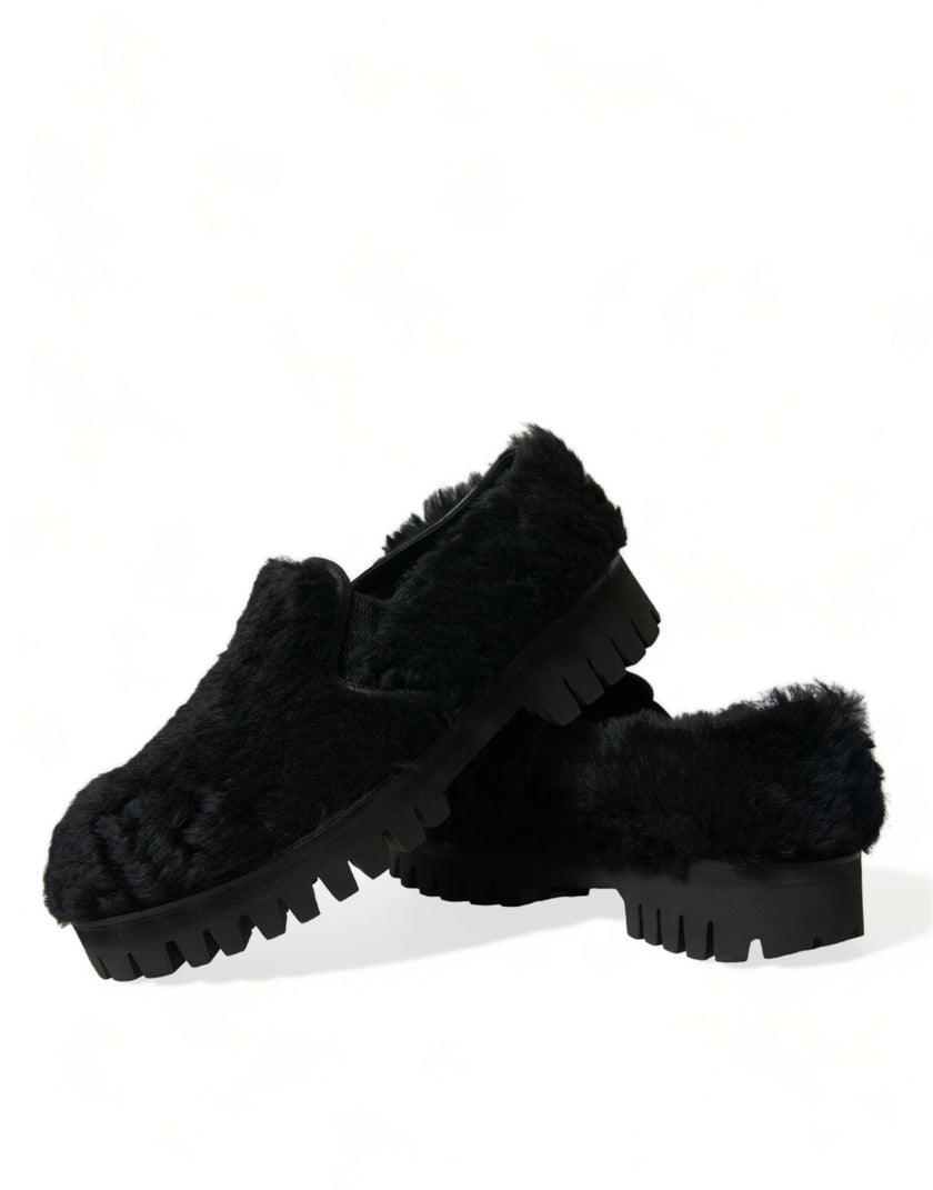Dolce & Gabbana Schwarze Pelz-Leder-Slipper als Abendschuhe