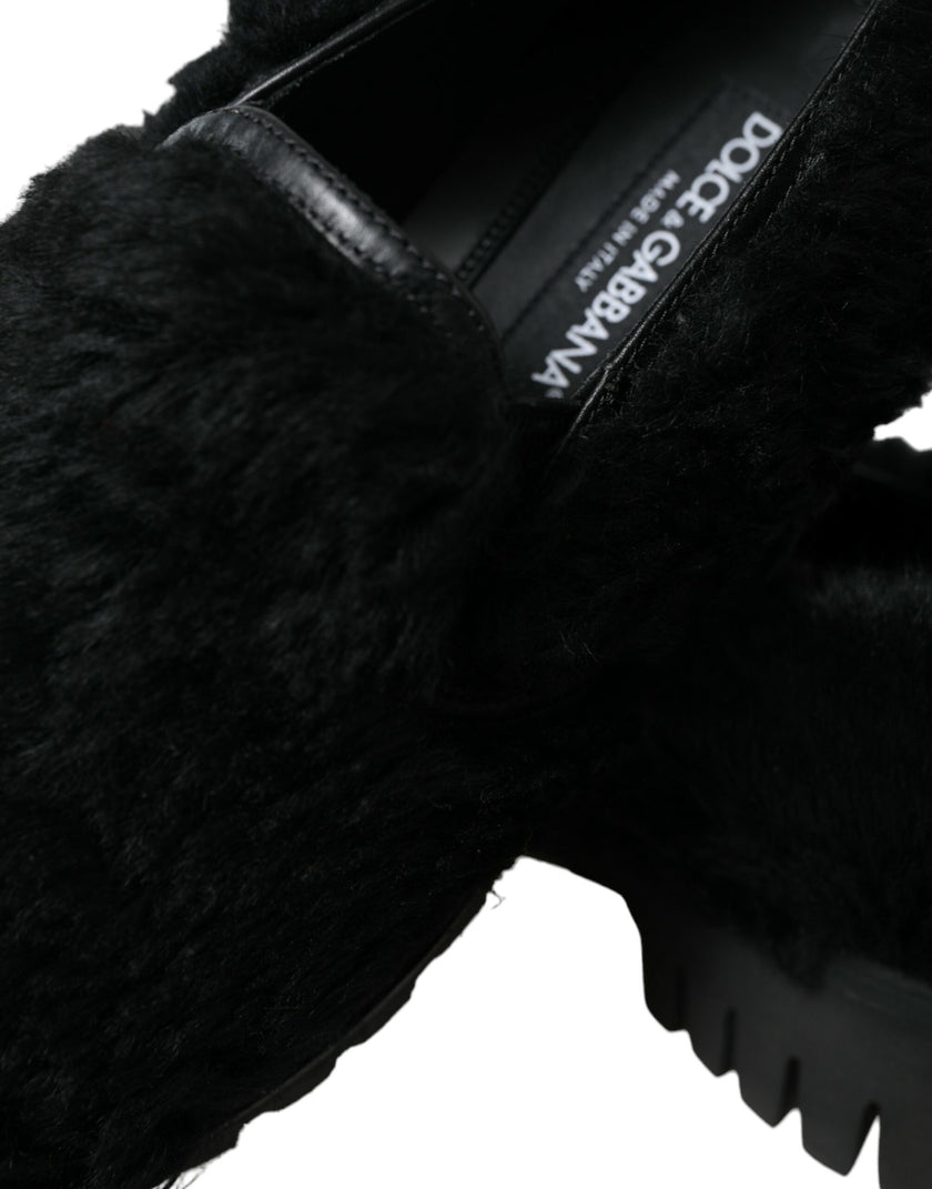 Dolce & Gabbana Schwarze Pelz-Leder-Slipper als Abendschuhe
